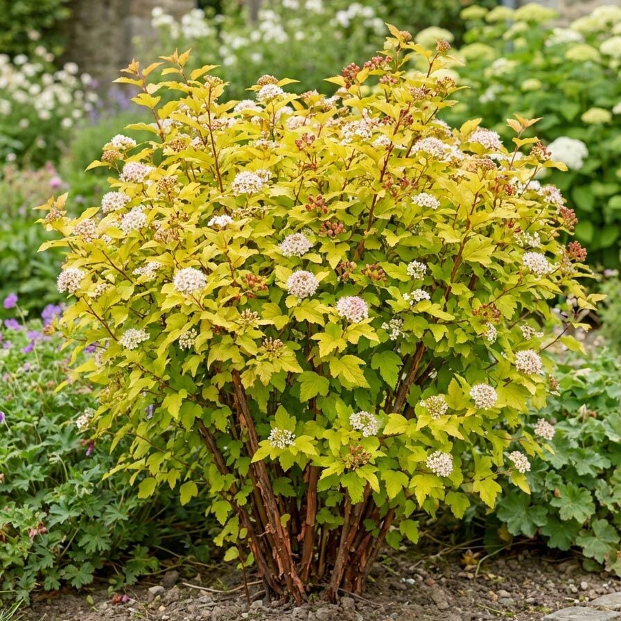 Physocarpus Dart’s Gold çiçekli çalı saksıda yetişmiş ithal