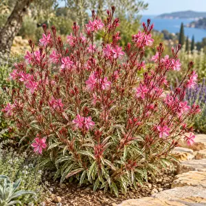 Alaca yapraklı gaura fidesi pembe çiçekli gambit variegata rose